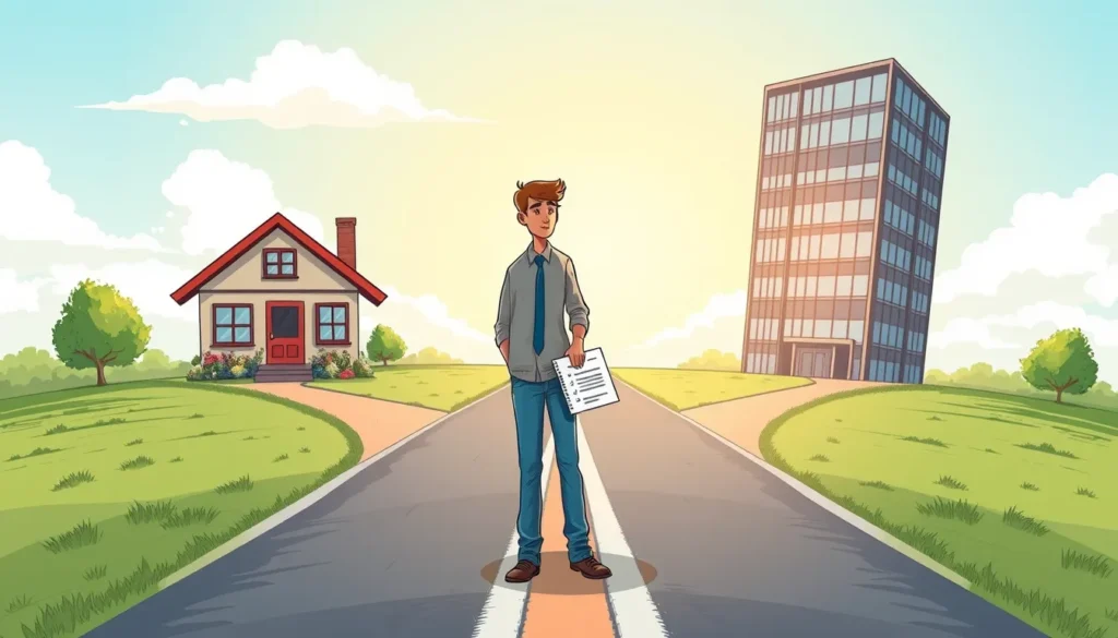 Illustration of an entrepreneur at a crossroads with two paths, one to a cottage, one to an office tower.